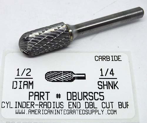 1/2 CYLINDER-RADIUS END DOUBLE CUT CARBIDE BURR 1 LG 1/4 SHANK