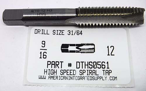 9/16-12 HSS SPIRAL POINT PLUG TAP 3 FLT DRILL SIZE 31/64