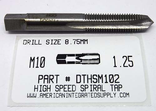 10MM-1.25 HSS SPIRAL POINT PLUG TAP 3 FLUTE DRILL SIZE 8.75MM