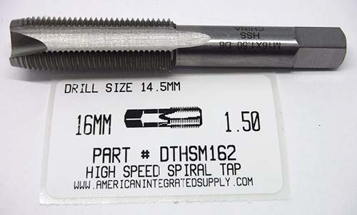 16MM-1.50 HSS SPIRAL POINT PLUG TAP 3 FLUTE DRILL SIZE 14.5MM