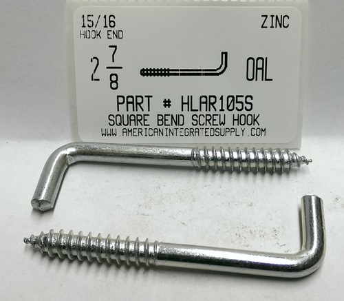 2-7/8 SQUARE BEND SCREW HOOK STL ZP 15/16" HOOK END 7/8" THRD LENGTH .212 DIAM