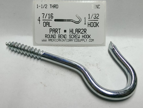 4-7/16 ROUND BEND SCREW HOOK STL ZP 1-1/32" HOOK ID 1-1/2" THRD LENGTH