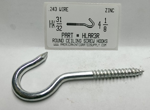 4-1/8 ROUND BEND SCREW HOOK STL ZP 31/32" HOOK ID 1-1/2" THRD .243 DIAM