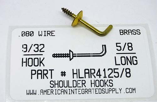 5/8 SHOULDER HOOK BRASS 7/16" BASE 9/32" HOOK END 5/16" STEM 3/16" THRD LENGTHS