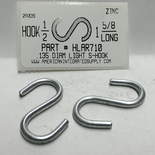 1-5/8 S-HOOK LIGHT OPEN STL ZP 1/2" HOOK ID .135 DIAM