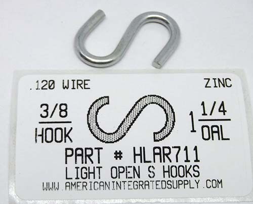 1-1/4 S-HOOK LIGHT OPEN STL ZP 3/8" HOOK ID .120 DIAM