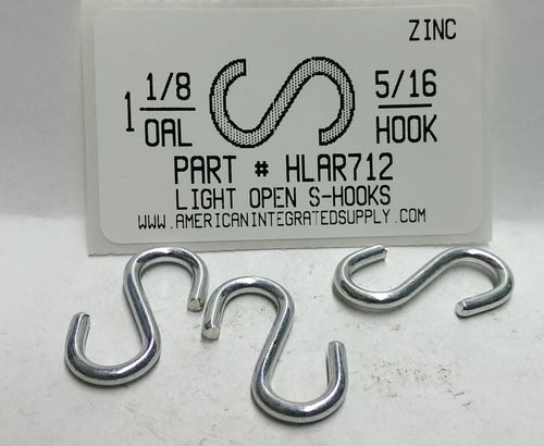 1-1/8 S-HOOK LIGHT OPEN STL ZP 5/16" HOOK ID .105 DIAM