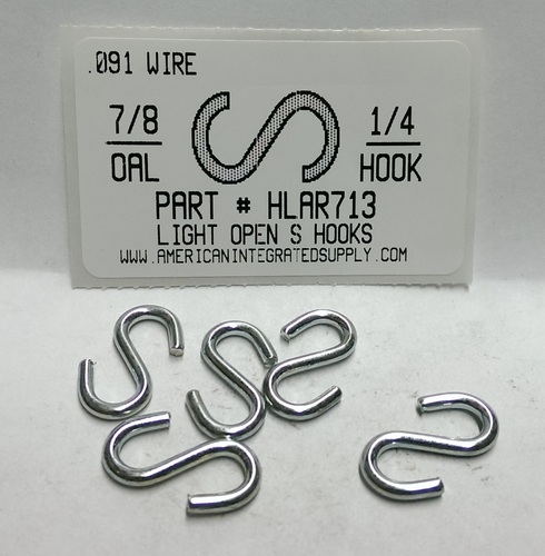 7/8 S-HOOK LIGHT OPEN STL ZP 1/4" HOOK ID .091 DIAM