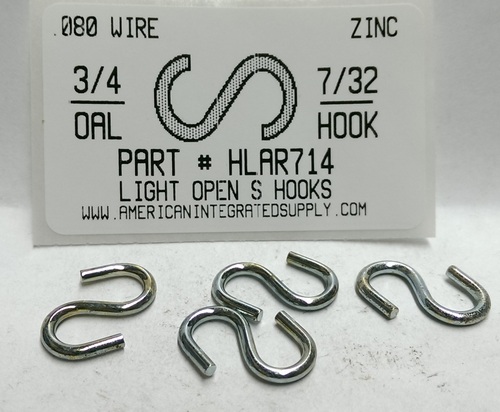 3/4 S-HOOK LIGHT OPEN STL ZP 7/32" HOOK ID .080 DIAM