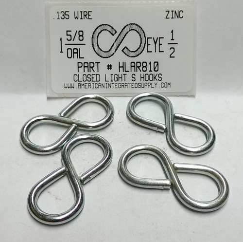 1-5/8 S-HOOK LIGHT CLOSED STL ZP 1/2" EYE ID .135 DIAM