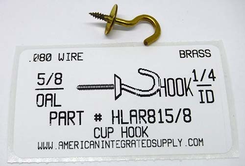 5/8 CUP HOOK BRASS 1/4" HOOK ID 7/16" BASE 5/16" STEM 3/16" THRD LENGTH