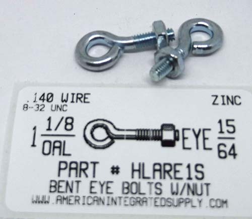 5/32X1-5/8 HOOK BOLTS W/NUTS STL ZP 15/64" HOOK ID #8-32 THRD DIAM 5/32