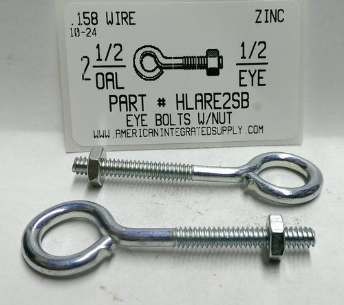 3/16X2-1/2 BENT EYE BOLT W/NUT STL ZP 1/2" EYE ID .158 DIAM 1-5/8" STEM 1-1/4" THRD LENGTH