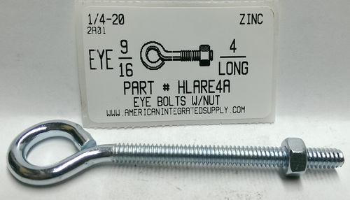 1/4X4 BENT EYE BOLT W/NUT STL ZP 9/16"EYE ID .212 DIAM 3" STEM 2-3/4" THRD LENGTHS