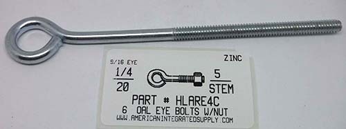 1/4X6 BENT EYE BOLT W/NUT STL ZP 9/16"EYEID .212 DIAM 5" STEM 3-1/4" THRD LENGTHS