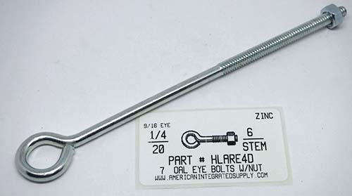 1/4X7 BENT EYE BOLT W/NUT STL ZP 9/16" EYE ID .212 DIAM 6" STEM 3-1/4" THRD LENGTHS