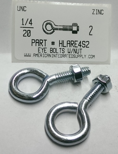 1/4X2 BENT EYE BOLT W/NUT STL ZP 1-1/16"STEM 7/8"THRD 9/16"ID EYE .212 DIAM