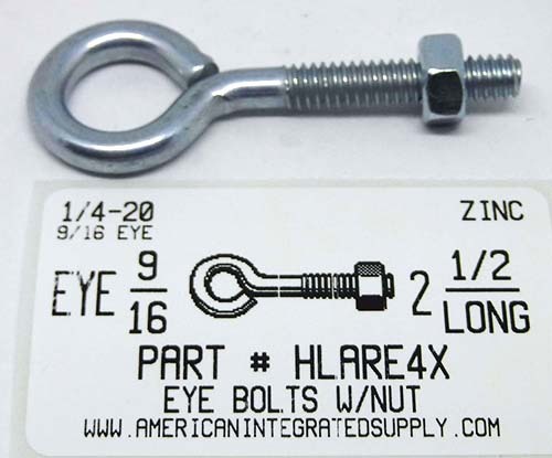 1/4X2-1/2 BENT EYE BOLT W/NUT STL ZP 9/16" EYE ID .212 DIAM 1-9/16" STEM 1-1/8" THRD LENGT