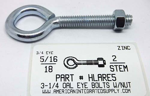 5/16X3-1/4 BENT EYE BOLT W/NUT STL ZP 2"STEM 1-3/4"THRD 3/4"ID EYE .268 DIAM