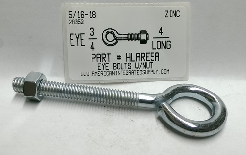 5/16X4 BENT EYE BOLT W/NUT STL ZP 3/4"EYE 2-3/4"STEM 2-1/4"THRD .268 DIAM