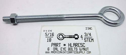 5/16X6"OAL BENT EYE BOLT W/NUT STL ZP 3/4"EYE 4-3/4"STEM 3-1/4"THRD