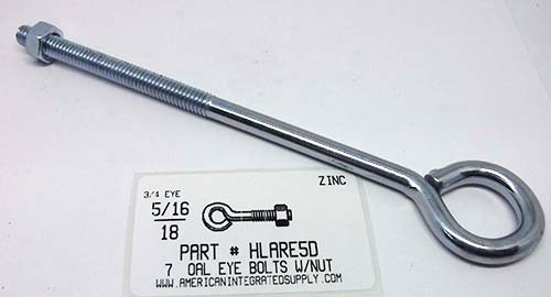 5/16X7"OAL BENT EYE BOLT W/NUT STL ZP 3/4"EYE 5-3/4"STEM 3-1/4"THRD