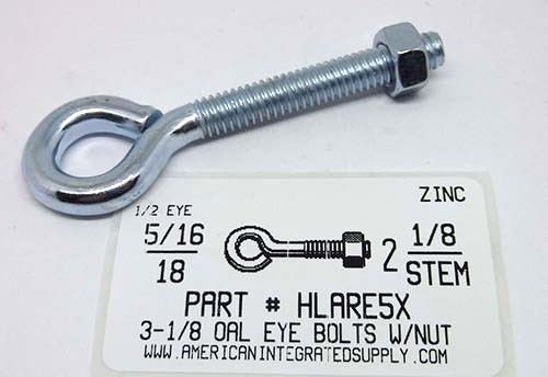 5/16X3-1/8 BENT EYE BOLT W/NUT STL ZP 1/2" EYE ID .268 DIAM 2-1/8"STEM 1-7/8"THRD LENGTHS