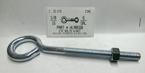 3/8X6 OAL BENT EYE BOLT W/NUT STL ZP 1" EYE ID .328 DIAM 4-3/8"STEM 3-1/4"THRD LENGTHS