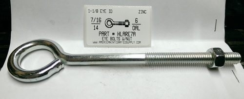 7/16X8 OAL BENT EYE BOLT W/NUT STL ZP 1-1/8" EYE ID .328 DIAM 6-1/8" STEM 3-1/4"THRD LENGTHS