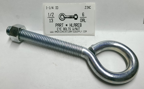 1/2X6 OAL BENT EYE BOLT W/NUT STL ZP 1-1/4" EYE ID .444 DIAM 4"STEM 3-3/4"THRD LENGTHS