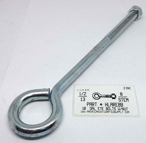 1/2X10 OAL BENT EYE BOLT W/NUT STL ZP 1-1/4" EYE ID .444 DIAM 8"STEM 3-3/4"THRD LENGTHS