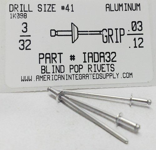 3/32 BLIND RIVET .032-.125 GRIP ALUMINUM RIVET ALUMINUM MANDREL