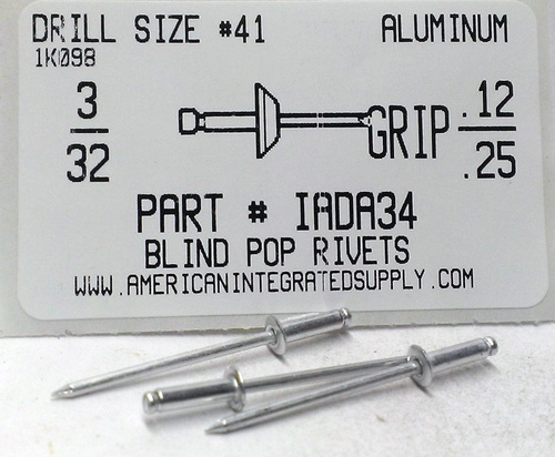 3/32 BLIND RIVET .126-.250 GRIP ALUMINUM RIVET ALUMINUM MANDREL