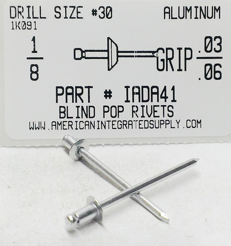 1/8 BLIND RIVET .020-.062 GRIP ALUMINUM RIVET ALUMINUM MANDREL