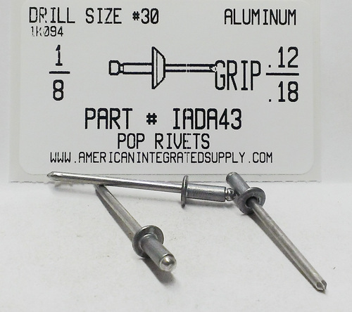 1/8 BLIND RIVET .126-.187 GRIP ALUMINUM RIVET ALUMINUM MANDREL