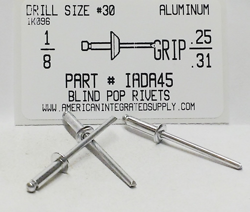 1/8 BLIND RIVET .251-.312 GRIP ALUMINUM RIVET ALUMINUM MANDREL