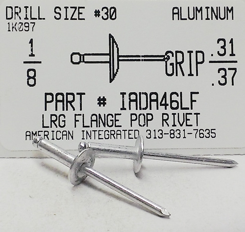 1/8 BLIND RIVET .313-.375 GRIP LARGE FLANGE ALUMINUM RIVET ALUMINUM MANDREL