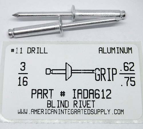 3/16 BLIND RIVET .626-.750 GRIP ALUMINUM RIVET ALUMINUM MANDREL