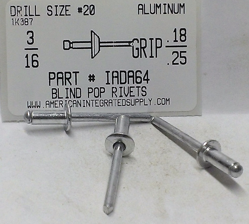 3/16 BLIND RIVET .188-.250 GRIP ALUMINUM RIVET ALUMINUM MANDREL