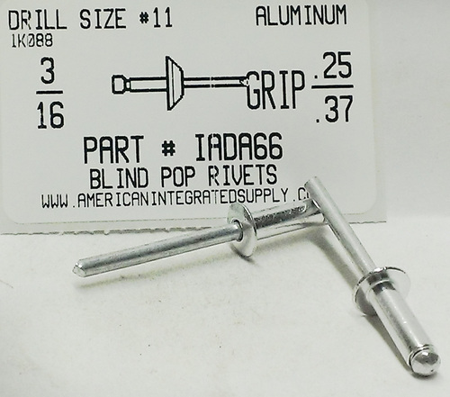 3/16 BLIND RIVET .251-.375 GRIP ALUMINUM RIVET ALUMINUM MANDREL