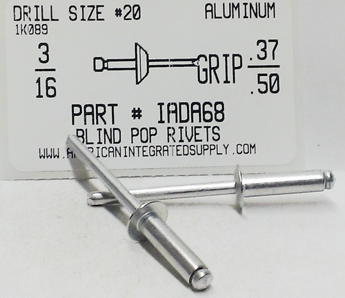 3/16 BLIND RIVET .376-.500 GRIP ALUMINUM RIVET ALUMINUM MANDREL