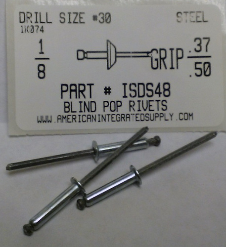 1/8 BLIND RIVET .376-.500 GRIP STEEL RIVET STEEL MANDREL