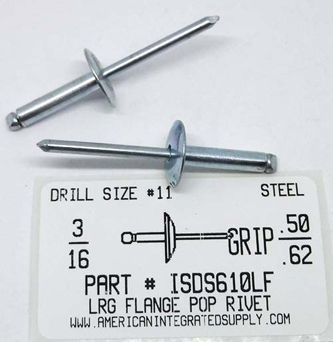 3/16 BLIND RIVET .501-.625 GRIP LARGE FLANGE STEEL RIVET STEEL MANDREL