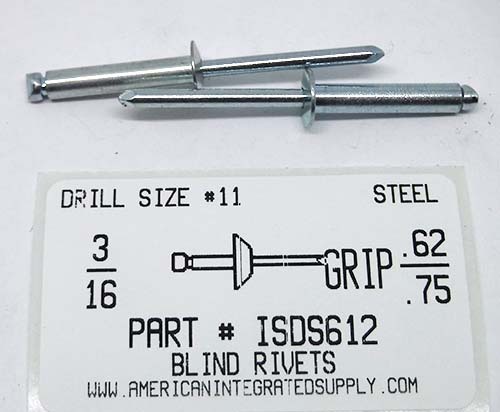 3/16 BLIND RIVET .626-.750 GRIP STEEL RIVET STEEL MANDREL