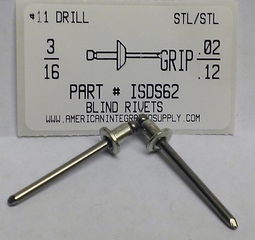 3/16 BLIND RIVET .020-.125 GRIP STEEL RIVET STEEL MANDREL