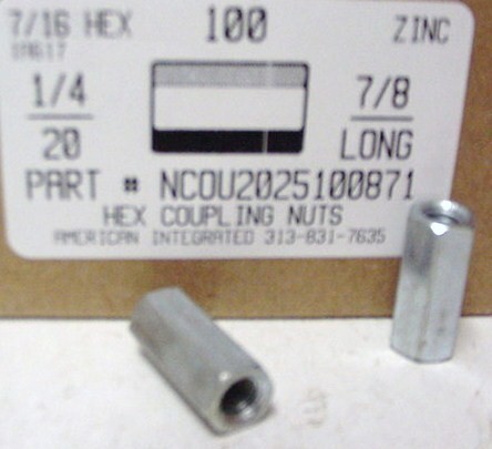 1/4-20X3/8X7/8 HEX COUPLING NUT STEEL ZINC PLATED