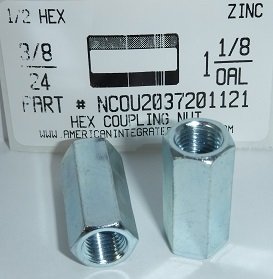 3/8-24X1/2X1-1/8 HEX COUPLING NUT STEEL ZINC PLATED