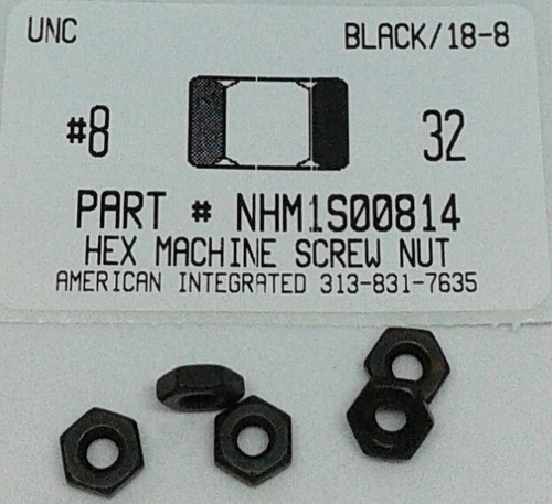 #8-32 HEX MACHINE SCREW NUT 18-8 STAINLESS STEEL BLACK OXIDE