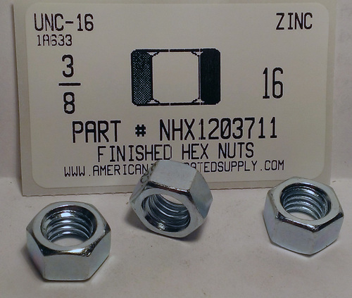 3/8-16 FINISHED HEX NUT ASTM A563 GRADE A STEEL ZINC PLATED