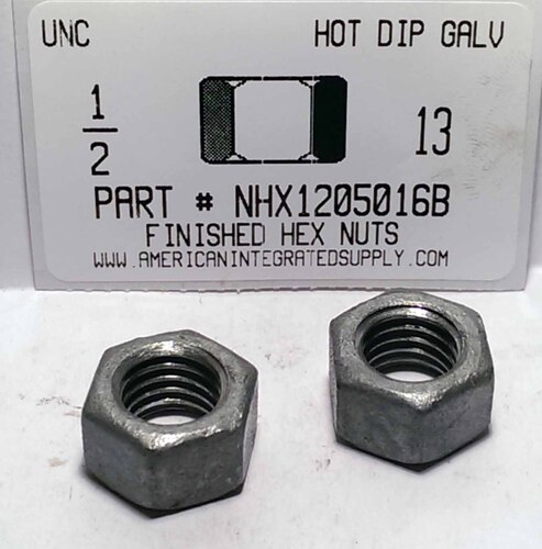 1/2-13 FINISHED HEX NUT ASTM A563 GRADE A STEEL HOT DIP GALVANIZED